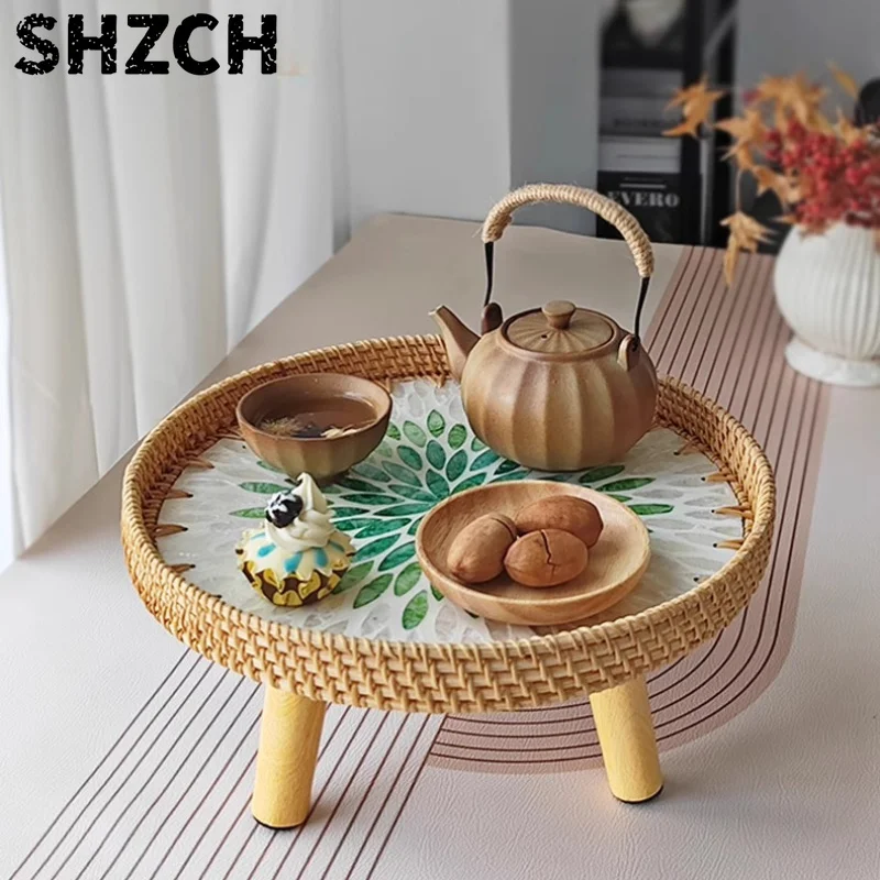 Handwoven Rattan Coffee Table with Shell Shape Low Height Side Table for Bay Window/ Tatami Mats Floor Sitting Boho Picnic Table