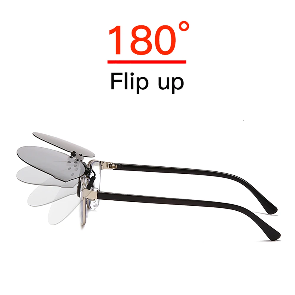 Flip Up Clip on Sunglasses Polarized Fishing Men Grey Color Change Lens Driving UV400 Big Aviation Rimless Night Vision Shades