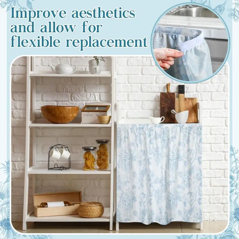 VIKAMA Blue Floral Rose Rod Pocket Under Sink Skirt Cabinet Curtain Farmhouse Kitchen Sink Decor Cover - view 6