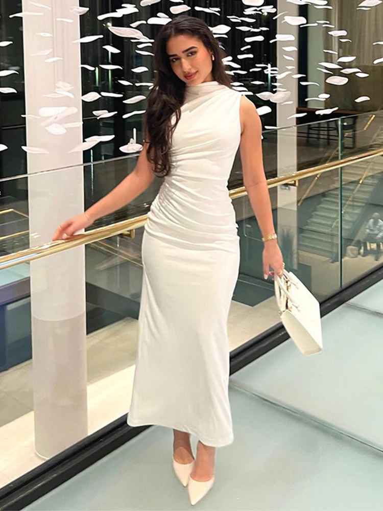 Elegant Pleated Sleeveless Long Dresses Women Solid Bodycon O-neck Hip Package Female Dress 2024 Summer Chic Evening Party Robe