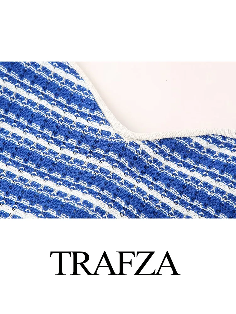 TRAFZA-shorts de cintura alta e top sem gola em v para mulheres, conjunto de 2 peças, zíper casual fino, sem costas, listras azuis, sexy, verão