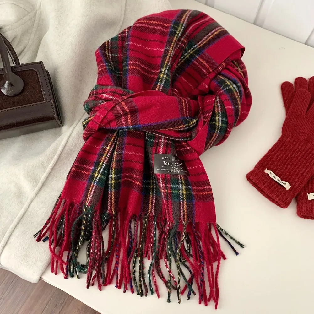 

Warm Sweet Plaid Wool Scarf Tassel New Year Winter Knitted Scarves Solid Color Red Long Shawl Student