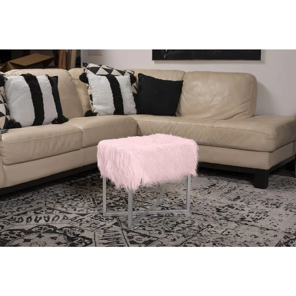 Rectangular Faux Fur Vanity Stool Ottoman w/White Metal Legs - Small Fluffy Makeup Seat - Cute Foot Rest for Bedroom, Desk