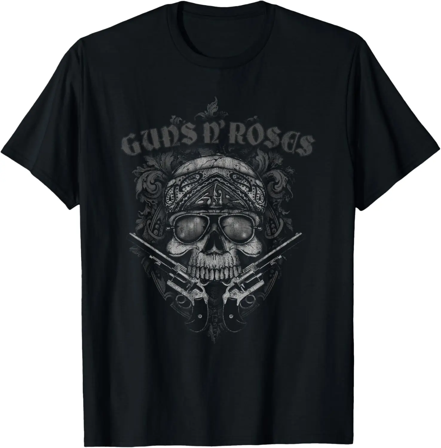 N' Roses Official Skull Guns Bandanna T-Shirt 100% Cotton Trendy Y2K Short-Sleeve Tee – Soft, Quick-Drying, & Moisture-Wicking;
