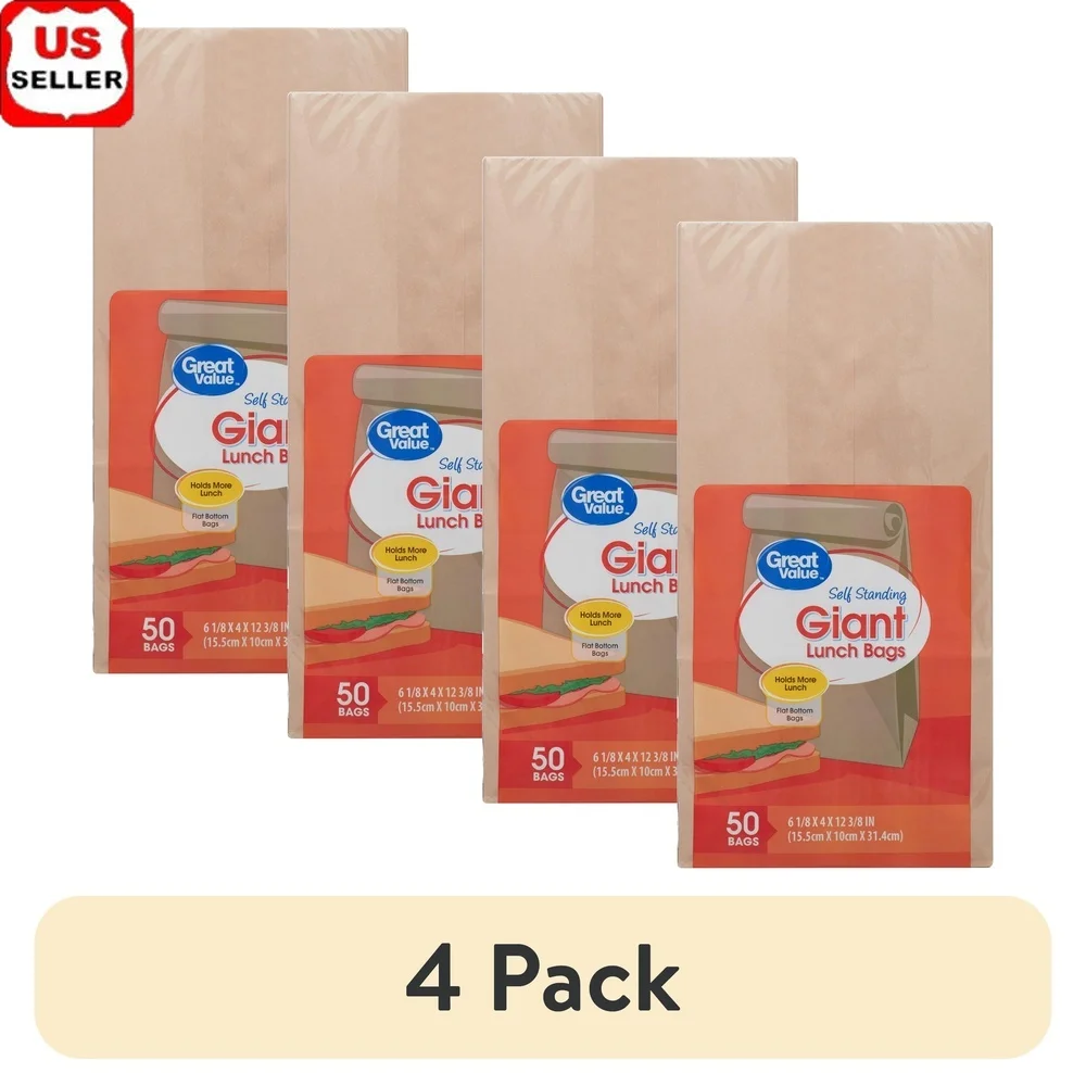 4 عبوات من أكياس الغداء العملاقة ذاتية الدائمة، 50 عددًا من ورق الكرافت القوي، تصميم مسطح من الأسفل، إعداد الوجبات المثالية، وجبات خفيفة لتغليف الهدايا