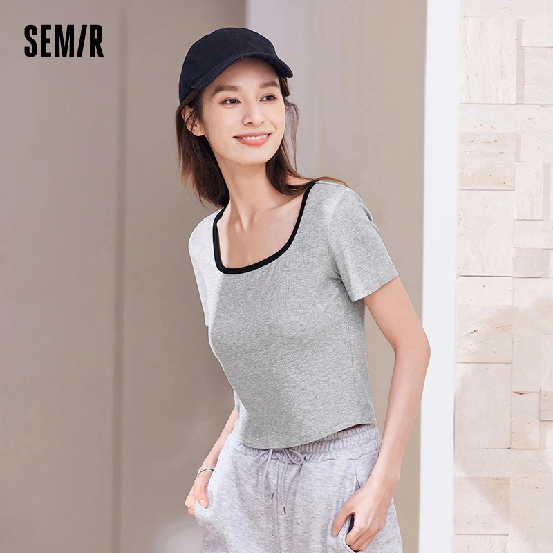 SemirUnderwear Tops de manga corta para mujer, ropa interior Simple, se puede usar fuera del cuello cuadrado, camisa delgada de fondo