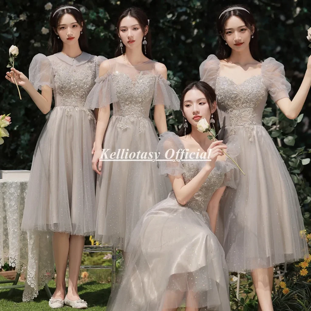 

Custom Made Gray Color Bridesmaid Dresses Short Knee Length Young Woman Bridesmaid Group Dress With Lace Up Back XXHS015
