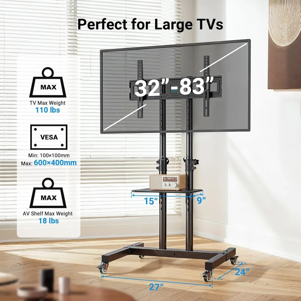 

US Shipping Rolling TV Stand on Wheels Mobile Height Adjustable Cart with Shelf for 32 to 83 Inch Screens up to 110lbs