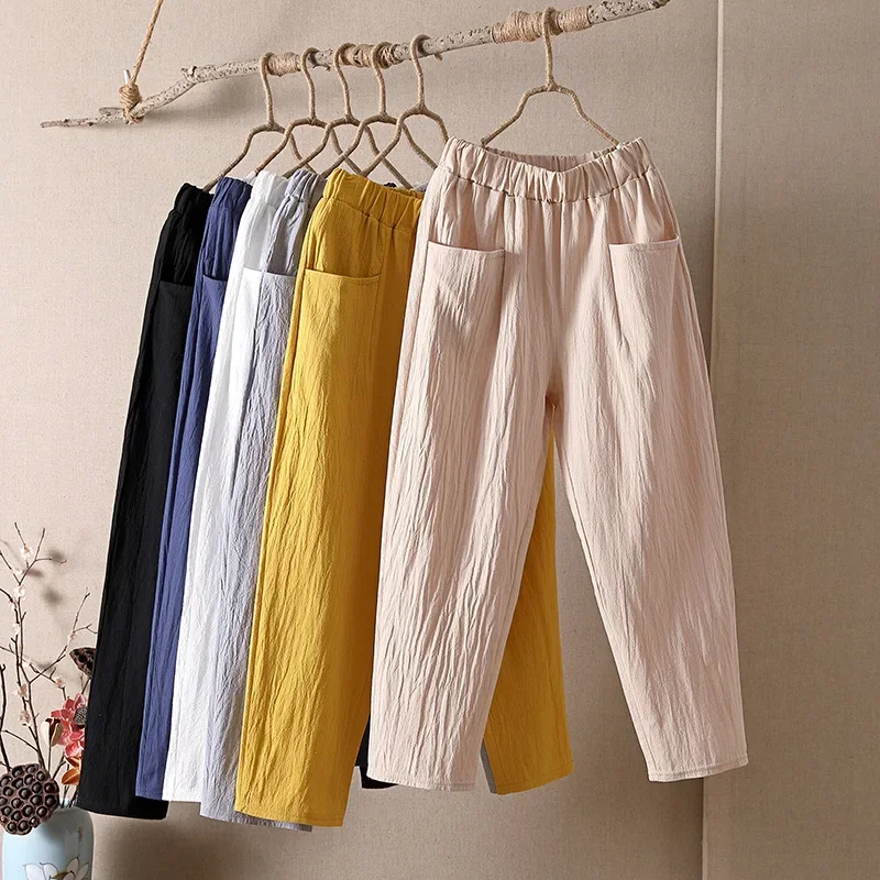 

Fashion Cotton Linen Harem Pants Women Summer Loose High Waist Elastic Ankle-length Pants Solid Oversize 4XL Lady Casual Pants