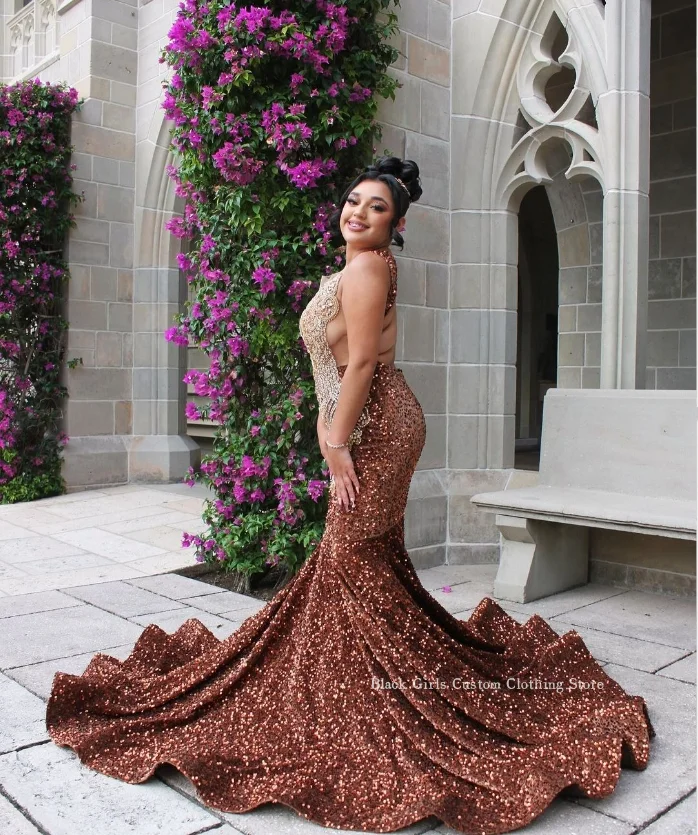 Sparkling Diamante Long Mermaid Prom Dress Tan Delicate Beaded Appliqué Inlaid Sequins Black Girls Party Dresses فساتين سهرة