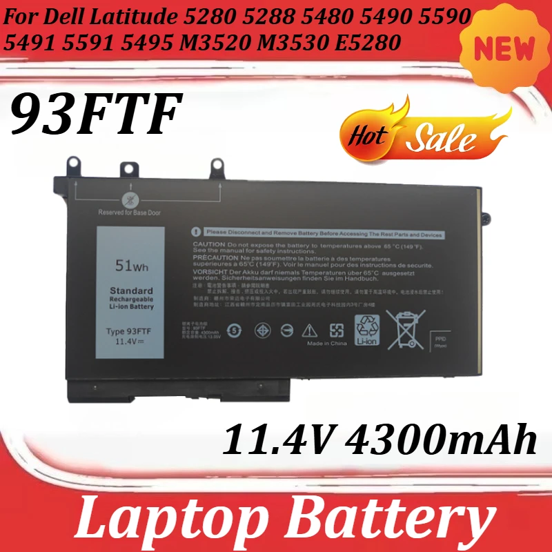 

93FTF 11.4V 4300mAh High-Quality Laptop Battery for Dell Latitude 5280 5288 5480 5490 5590 5491 5591 5495 M3520 M3530 E5280