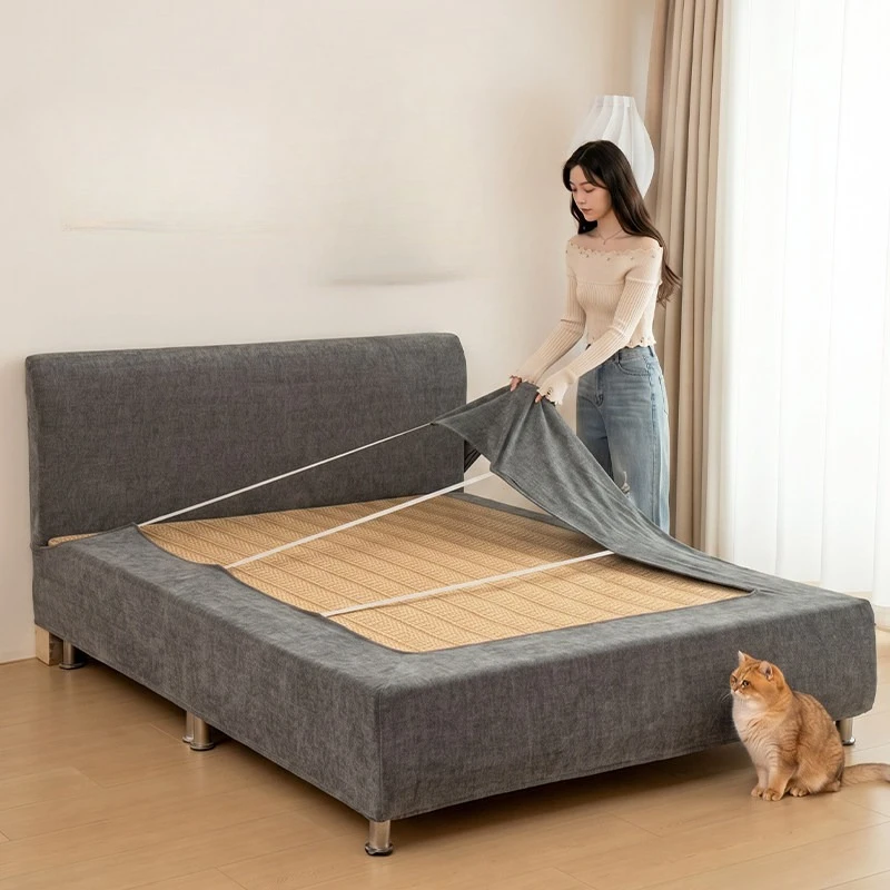 Stretch Bed Frame Cover Chenille Bed Skirt Protector Boxspring Cover Anti-Scratch Cat Proof Removable Washable Elastic Bed Skirt