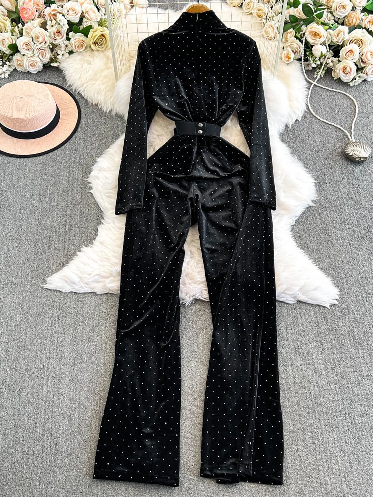 TWOTWINSTYLE Patchwork Belt Chic Jumpsuit For Women V Neck Long Sleeve High Waist Loose Wide Leg Jumpsuits Female New KJU517434