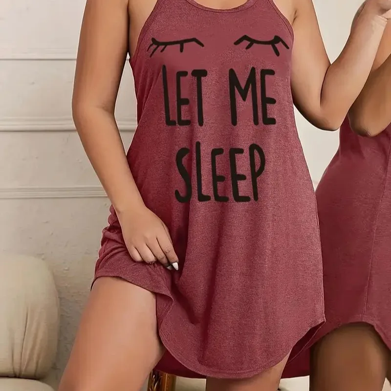 Women's Casual Vest Dress Plus Size Eyelashes and Letters 3D Printed Racing Vest Nightdress Sleepwear Women