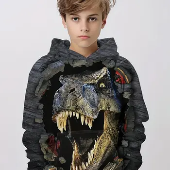 Dinosaur 3d Print Boys Casual Pullover Hooded Long Sleeve Sweatshirt For Spring Fall Kids Hoodie Tops Outdoor Children Clothing