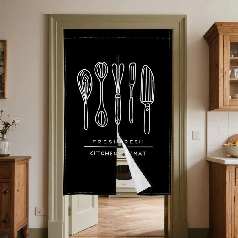 VIKAMA Kitchen Noren Door Curtain Cooking Utensils Line Art Print Black Background Fabric Curtain Home Partition Decor