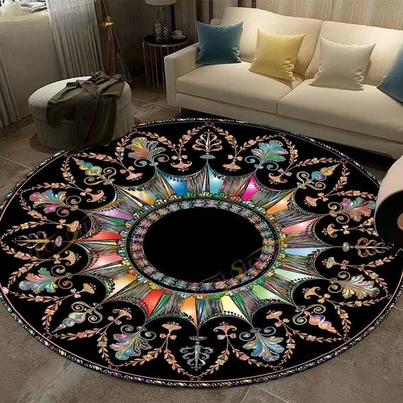 Vintage Mandala Round Carpet Geometric Floral Area Rug for Living Room Kitchen Dining Room Decorations Entryway Round Carpets