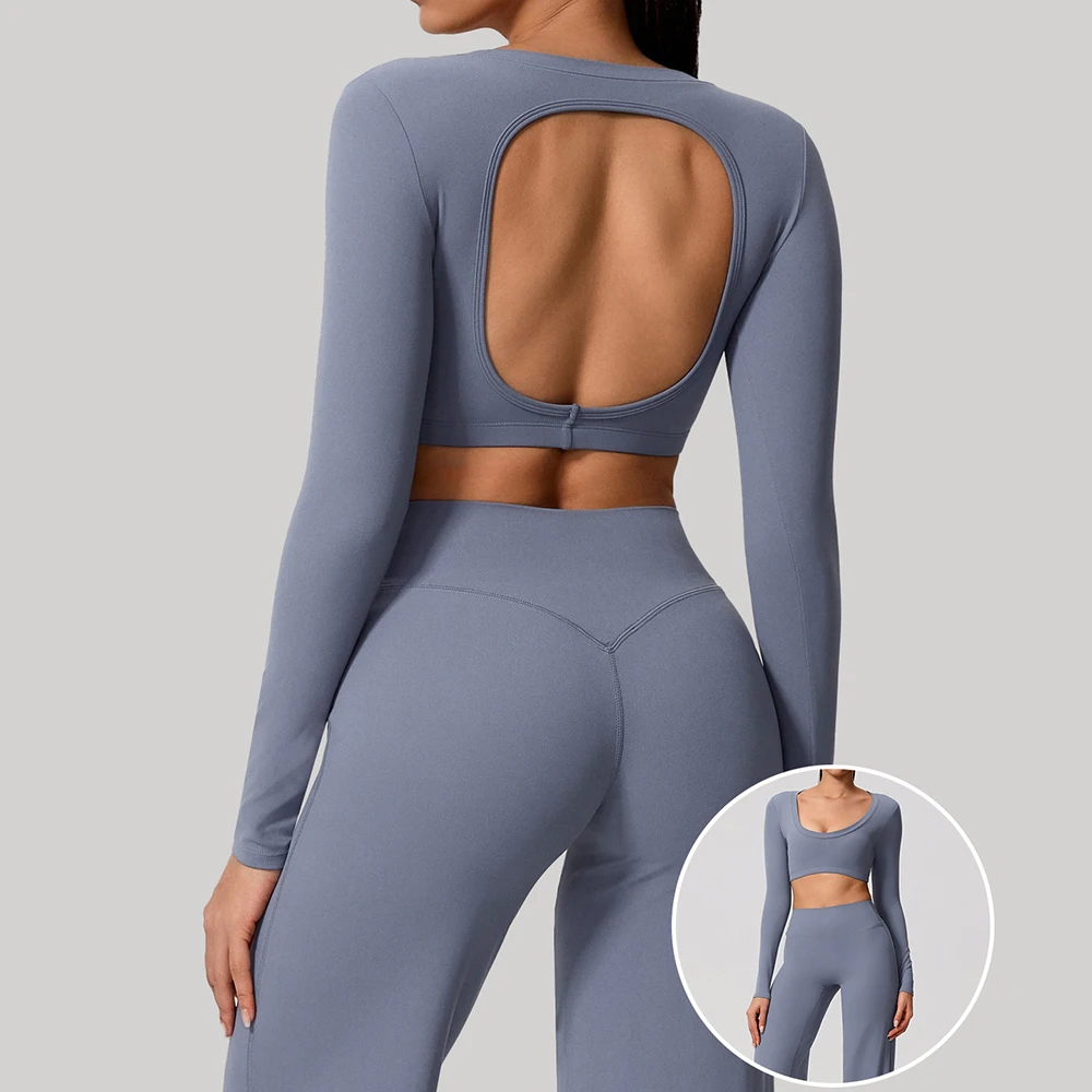 

Женские спортивные топы для йоги с открытой спиной, сексуальные, с длинным рукавом, дышащие, для фитнеса, с подкладкой для груди, женская спортивная одежда