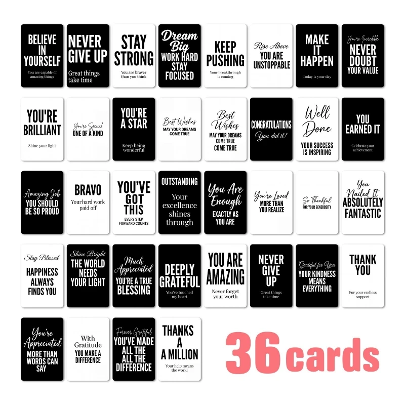 36 cartes inspirantes minimalistes en noir et blanc avec citations en anglais, collection de cartes d'affirmation positive et motivante