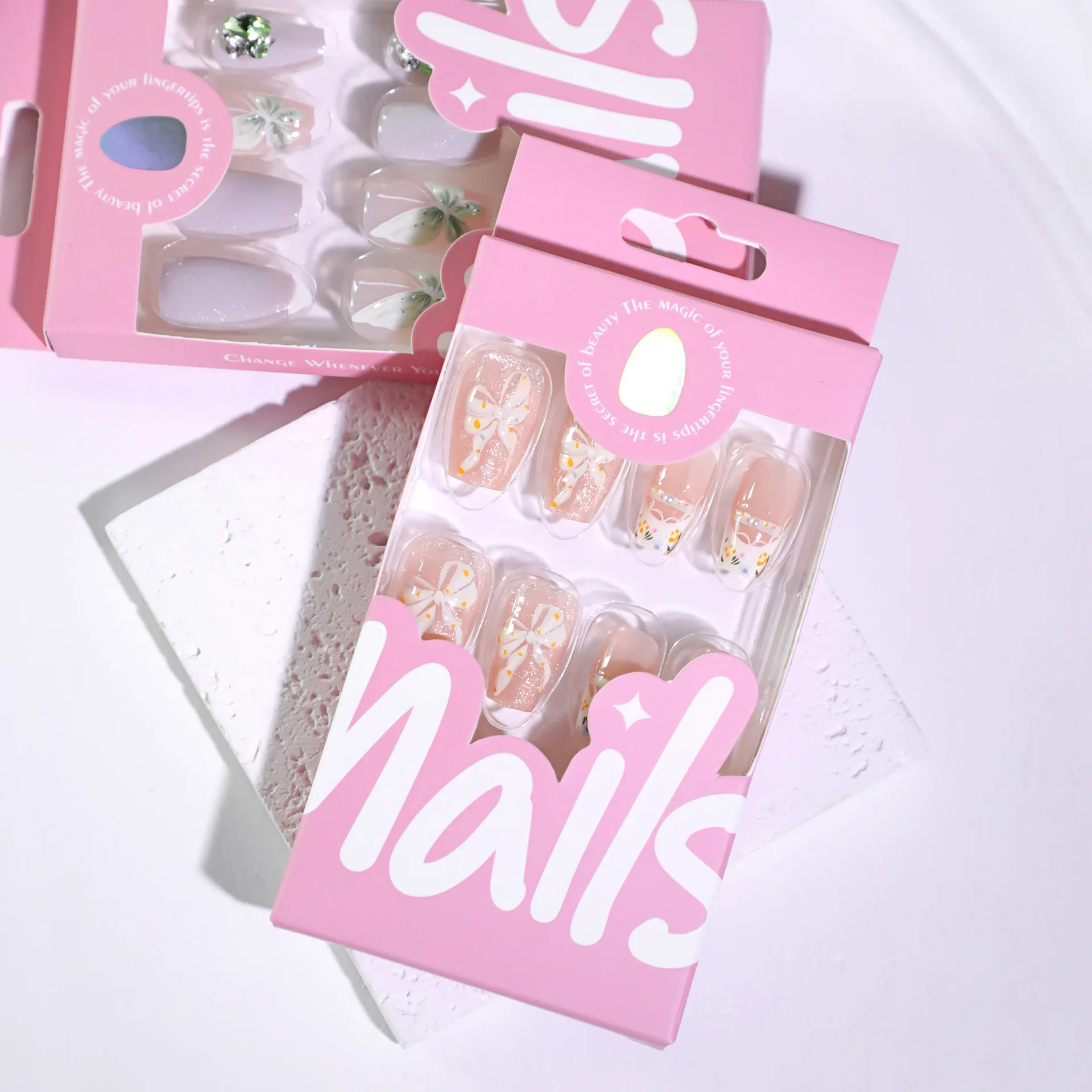 24pcs Little Fresh Bowknots Press On Nails Short Ladder White Edge Lace French Style False Nails Ballet Cat's Eye Fake Nail Tips