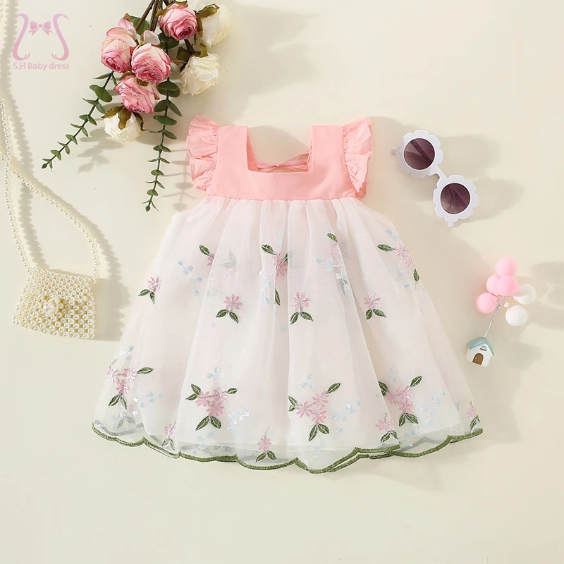 Children's Clothes Summer Korean Style Flower Party Mesh Puffy Baby Girl Dresses Sleeveless Breathable Toddler Kids Costume