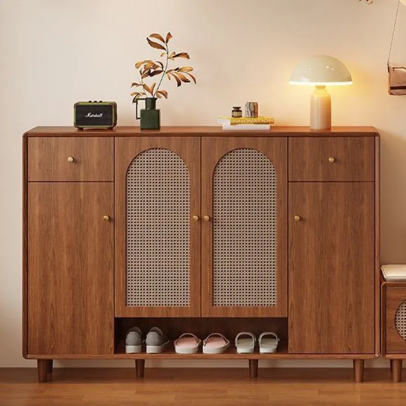 Rattan shoe cabinet home entrance entrance entrance cabinet can sit multi-layer large-capacity solid wood frame storage locker