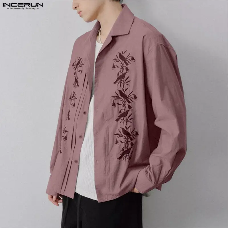 

INCERUN Мужская рубашка с вышитыми лацканами 2026, винтажная повседневная мужская одежда с длинными рукавами, уличная одежда, свободные топы в стиле ретро, мужские рубашки для отдыха