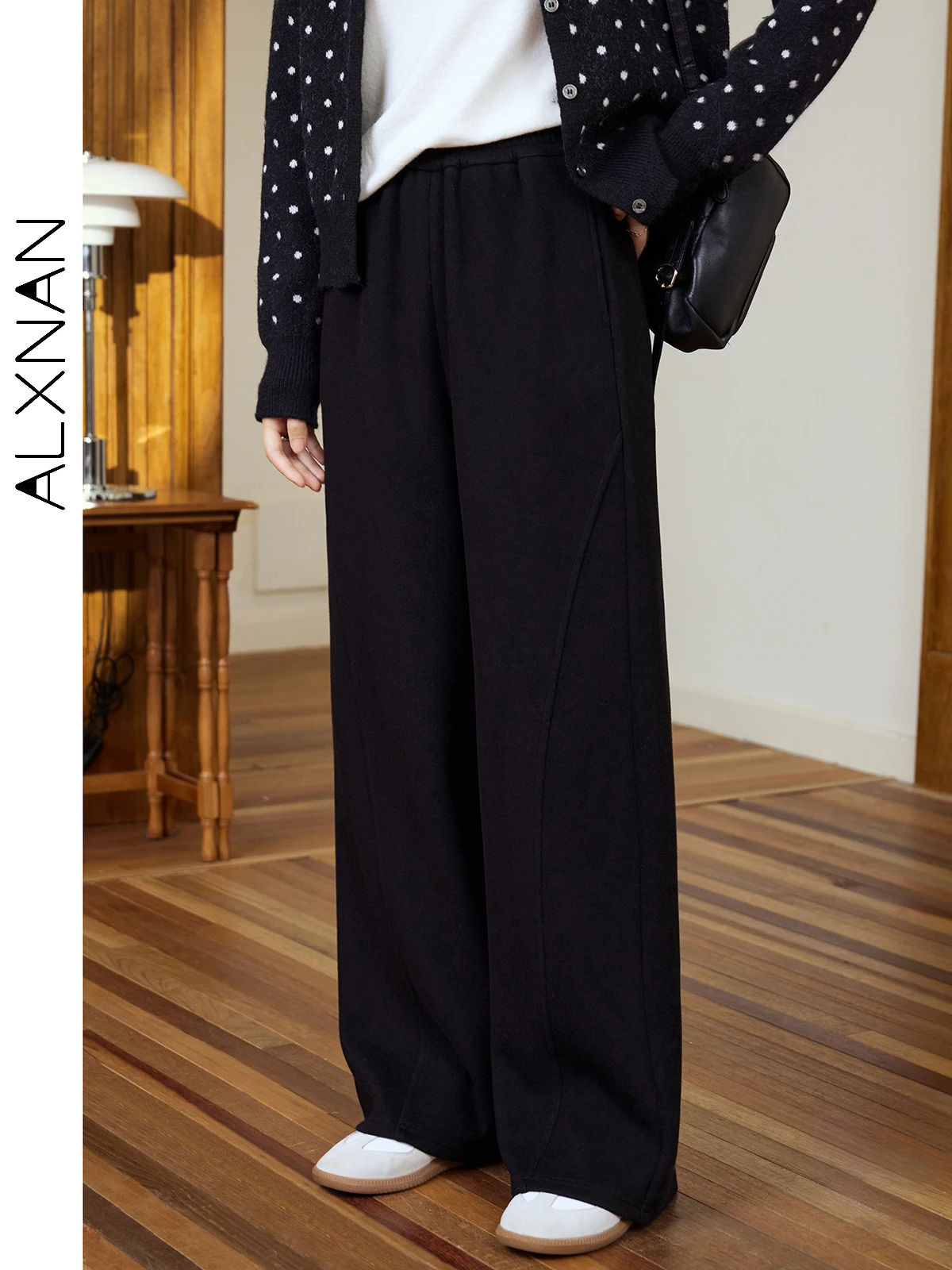 ALXNAN المرأة حجم كبير مرونة عالية الخصر السراويل عادية سليم مستقيم واسعة الساق بنطلون 2024 خريف شتاء الإناث قيعان D08119