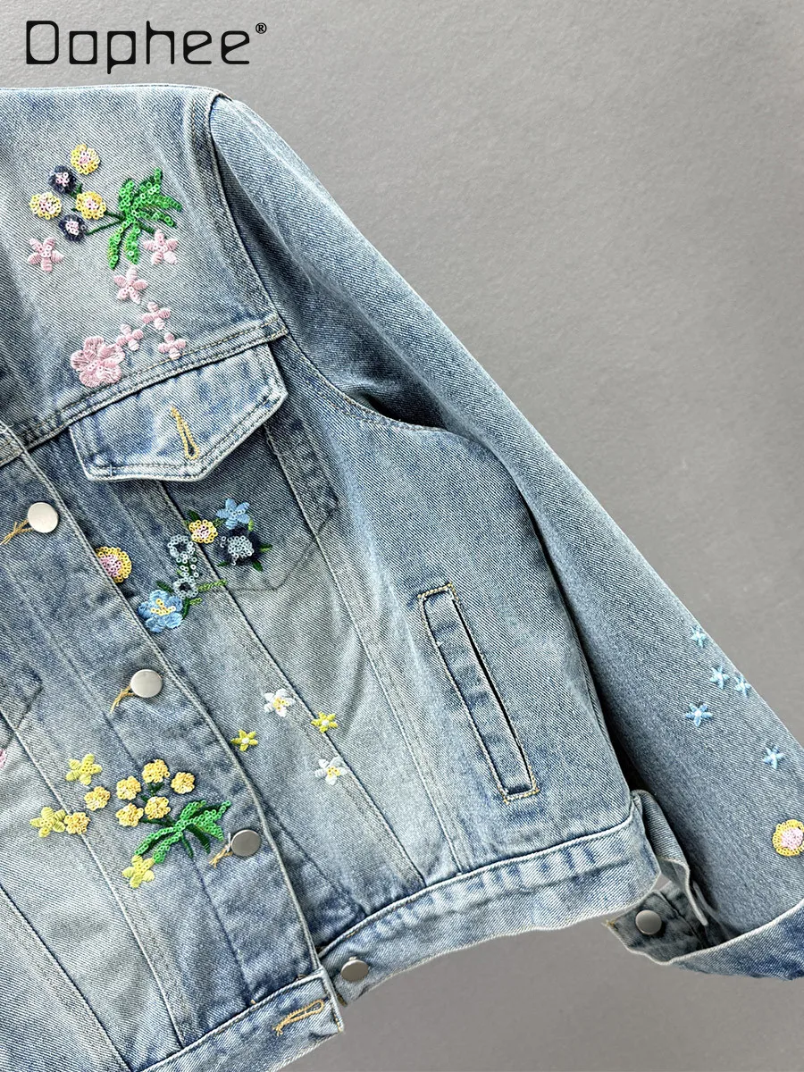 Fashion Retro Embroidered Short Denim Jacket Women Spring 2025 New High Waist Loose Slim Versatile Casual Long-sleeved Jean Top