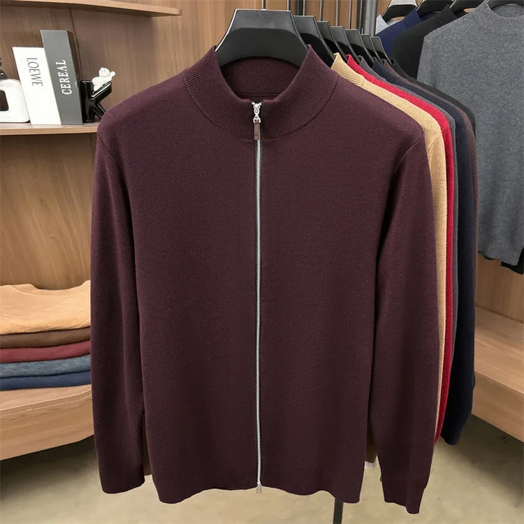 2026 Autumn Winter men's sheep wool stand collar zipper knitted cardigan middle-aged loose warm sweater jacket