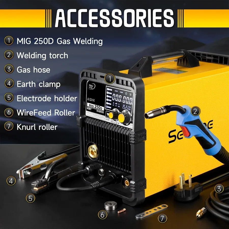 250A MIG Welder 6 in 1 Multiprocess Welding Machine for Aluminum Gas MIG Gasless Flux Core Spool Gun Lift TIG Stick Welding 220