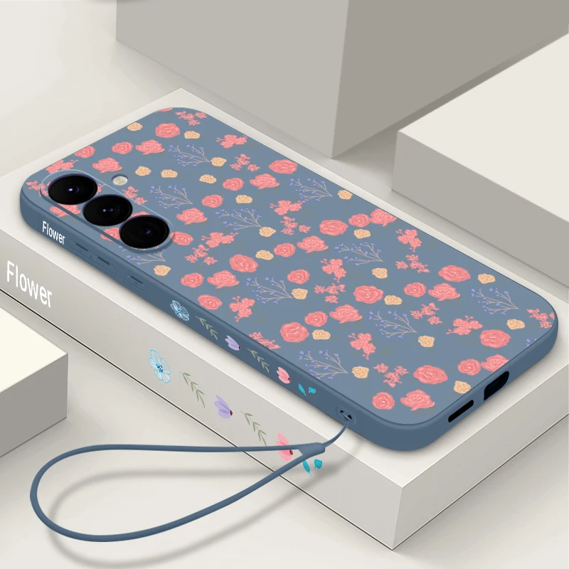 Pink Little Flower Phone Case For Samsung Galaxy A57 A17 A56 A16 A55 A15 A36 5G S25 FE S26 S24 S23 S22 Ultra Soft Lanyard Cover