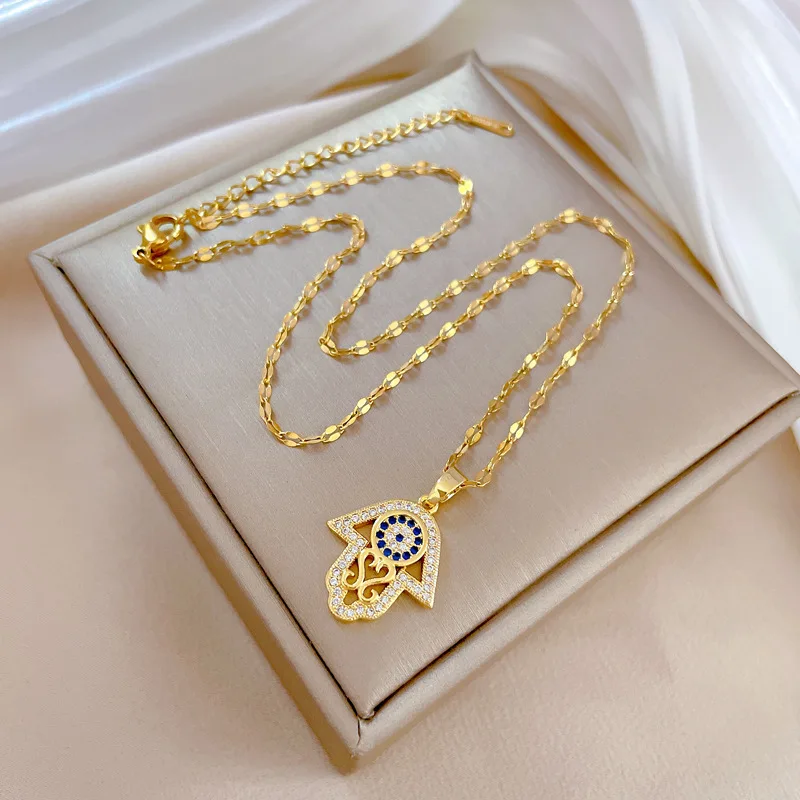 قلادة همسة من الكريستال التركي للنساء ، مجوهرات يد للعين الشريرة ، سلاسل ترقوة مفرغة ، فولاذ مقاوم للصدأ ، 1: 1