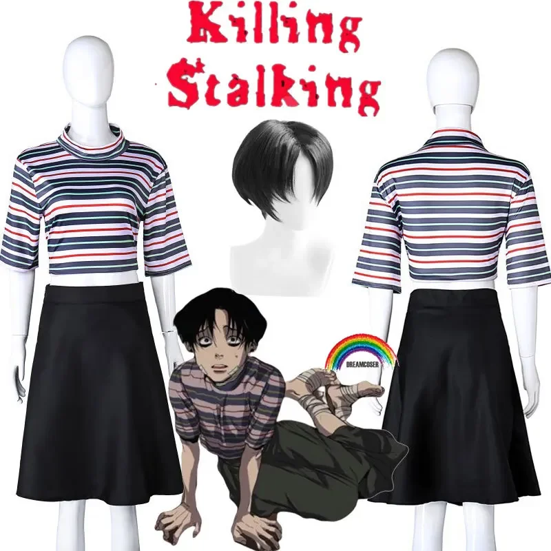 Killing Stalking Yoon Bum Yoonbum 짧은 검정색 내열성 코스프레 유니폼, 커스텀 티셔츠 스커트, 코스튬 가발 무료 가발 모자