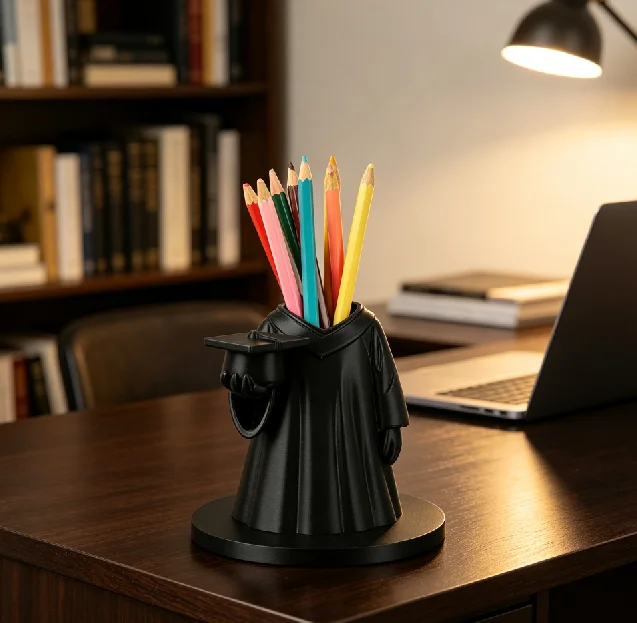Cross‑border Mysterious Black Gown Graduate Pencil Holder Faceless Desktop Storage Figurine Funny Office Stationery Decor