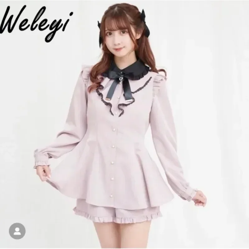 Cute Clothes Jirai Kei Japanese Lolita Women's Dress Set 2024 Spring New Sweet O Neck Lace Butterfly Long Sleeve Shorts Suit