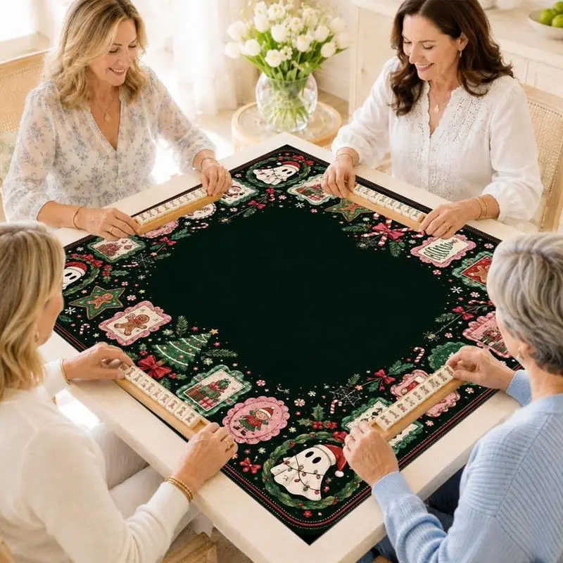 VIKAMA Christmas Mahjong Mat Dark Green Stamp Non Slip Table Cover For Mahjong Poker Card Game Family Party Holiday Decor