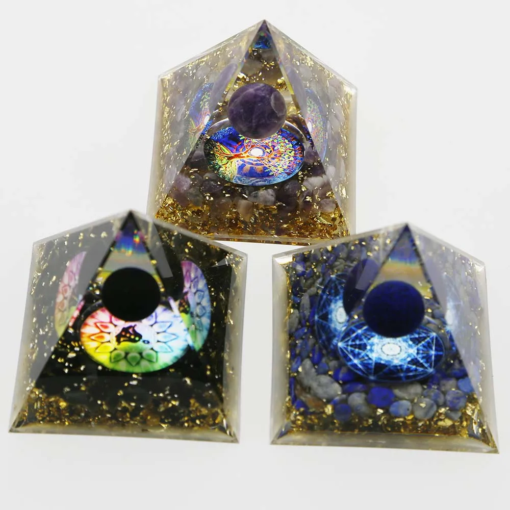 

High Quality Natural Semi Precious Stone Pyramid Decoration Crafts Drop Glue Resin Reiki Crystal Tower Car Desktop Home Gifts1pc