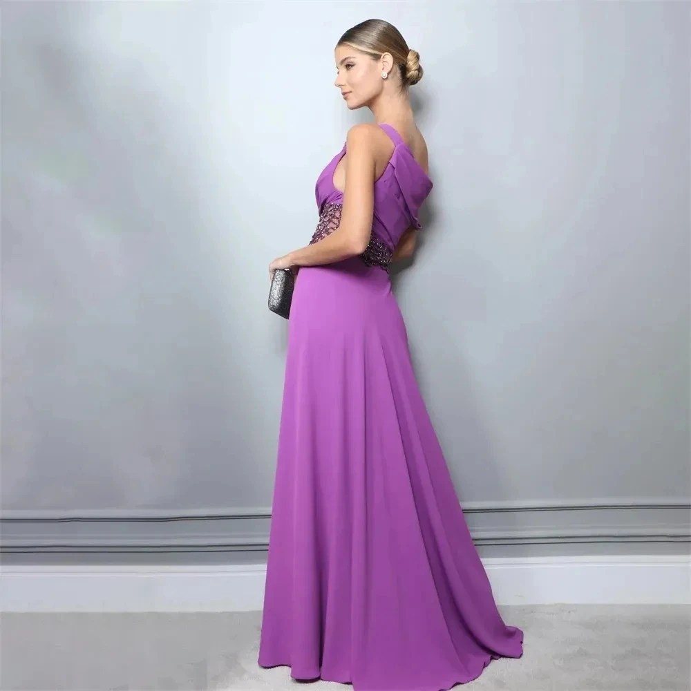 2024 Elegant A-Line Evening Prom Dress One Shoulder Pleat Beading Chiffon Formal Party Gowns Light Purple Vestidos Abendkleider