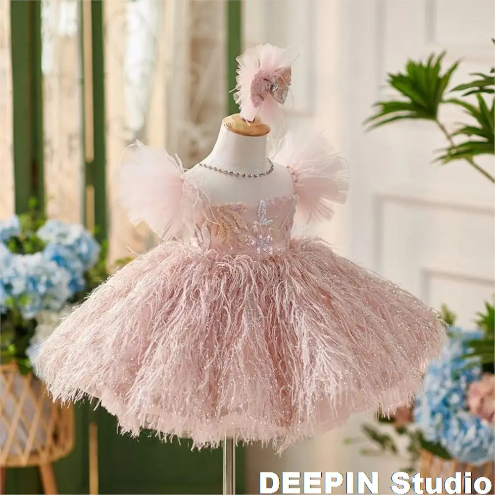 Elegant Puffy Girls Princess Dress Feather luxurious Girl Ball Dresses Children Layer Lush Birthday Wedding Evening Dress 1y-14y