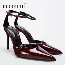 Summer Sexy Dark Red High Heels Women Sandals Shoes New Pointed Toe Dress Party Shoes Fashion Ankle Strap Pumps Mujer Zapatos