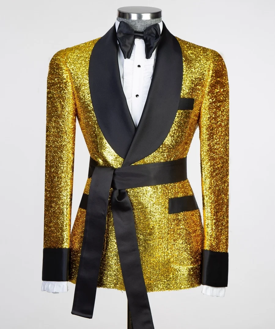 Black Satin Collar Gold Glitter Wedding Tuxedo with Belt Formal Party Men Suits Slim fit 2PCS Blazer Pants Male Suit