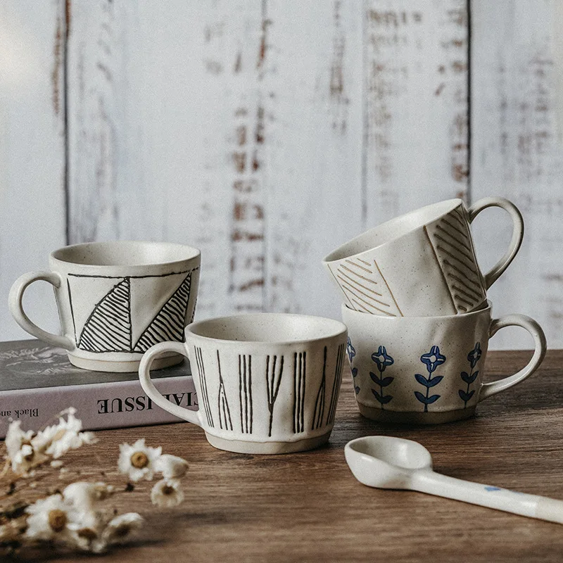 

Japanese Rough Earthenware Mugs Retro Home Simple Office Coffee Cups Creative High Appearance Level Embossed Breakfast Water Cup