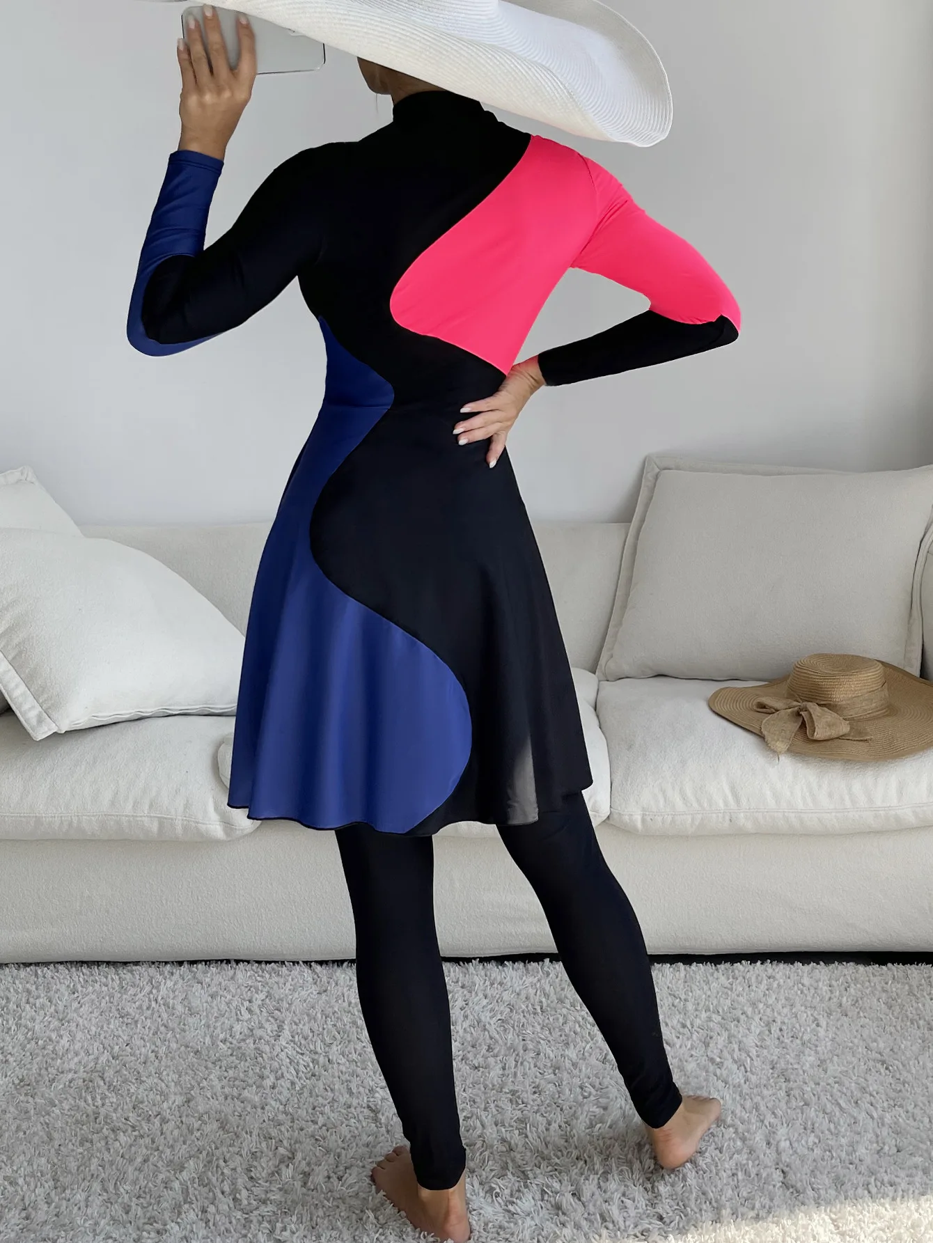 Скромные купальники для мусульманских женщин, новые буркини, 2 шт., все купальники, длинное платье и длинные трусики, синие и красные лоскутные буркини