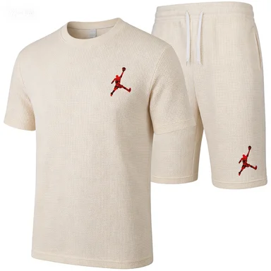 Mens Jordan Jumpman Logo 2 Piece Outfit Waffle Knit T-shirt + Shorts Set Casual Summer Sports Tracksuit White Streetwear for Men