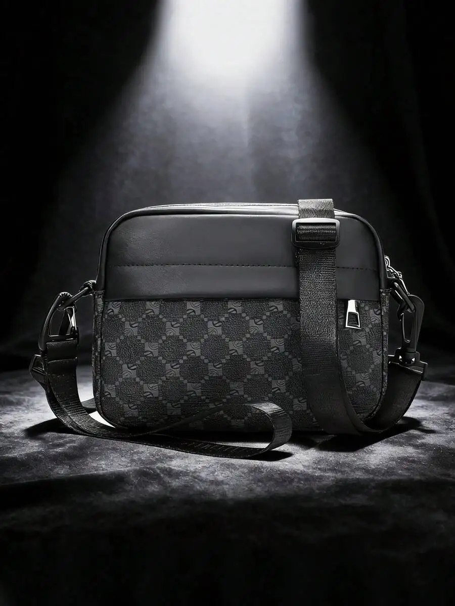 Mens Crossbody Shoulder Bag Small Square PU Waterproof Retro Geometric Pattern Bag