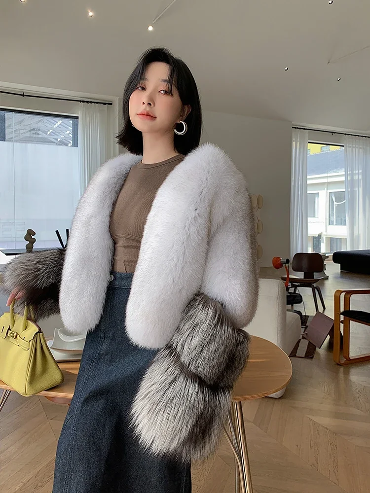 Tajiyane 2023 Winter Real Fox Fur Coat Women Short Black Fur Coats Korean Fashion Vneck Fox Fur Jackets for Womens Abrigo Mujer