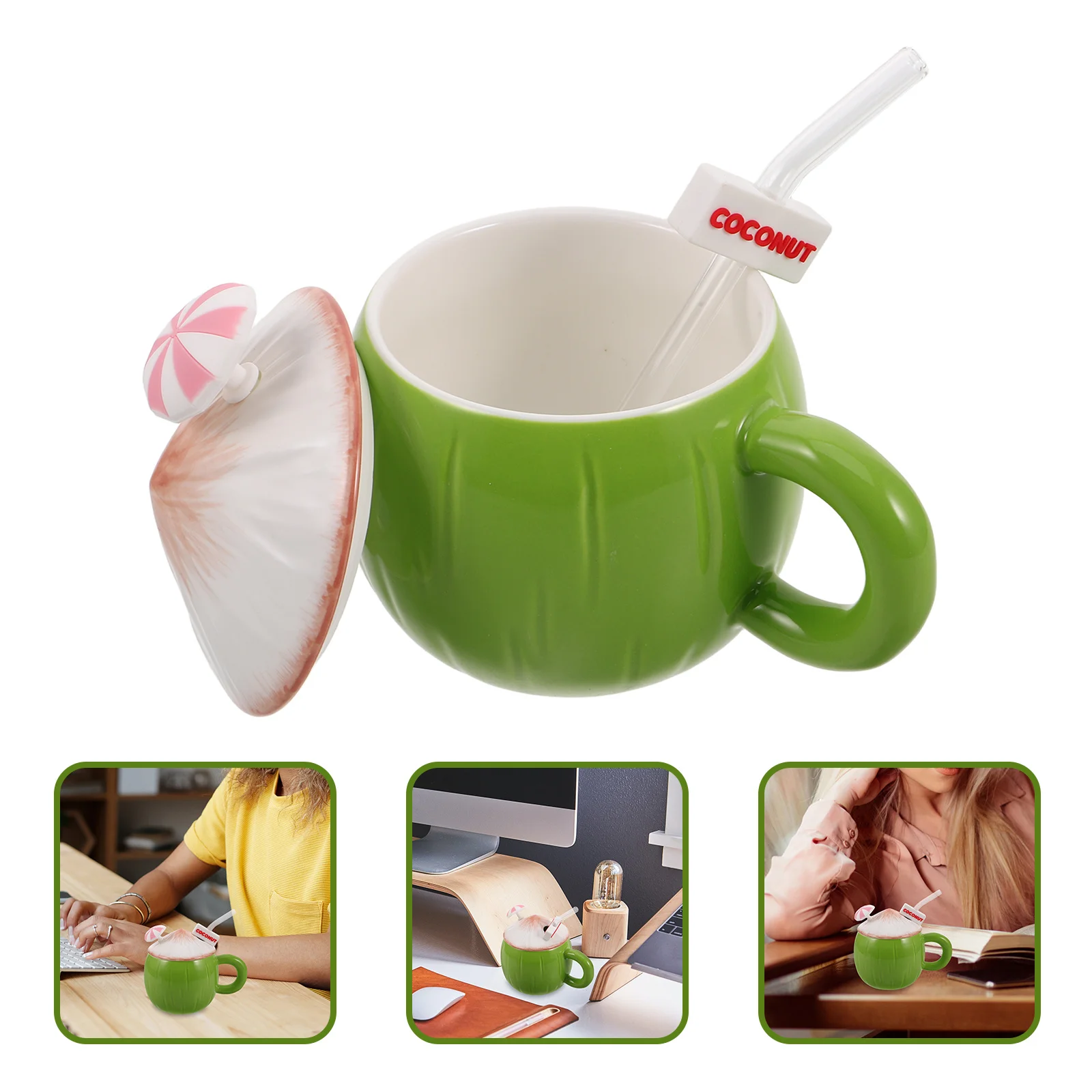 

Ceramic Tiki Mug Cute Coconut Shape with Lid Straw Spill Proof for Coffee Tea Milk Luau Party Outdoor Home Office Decor