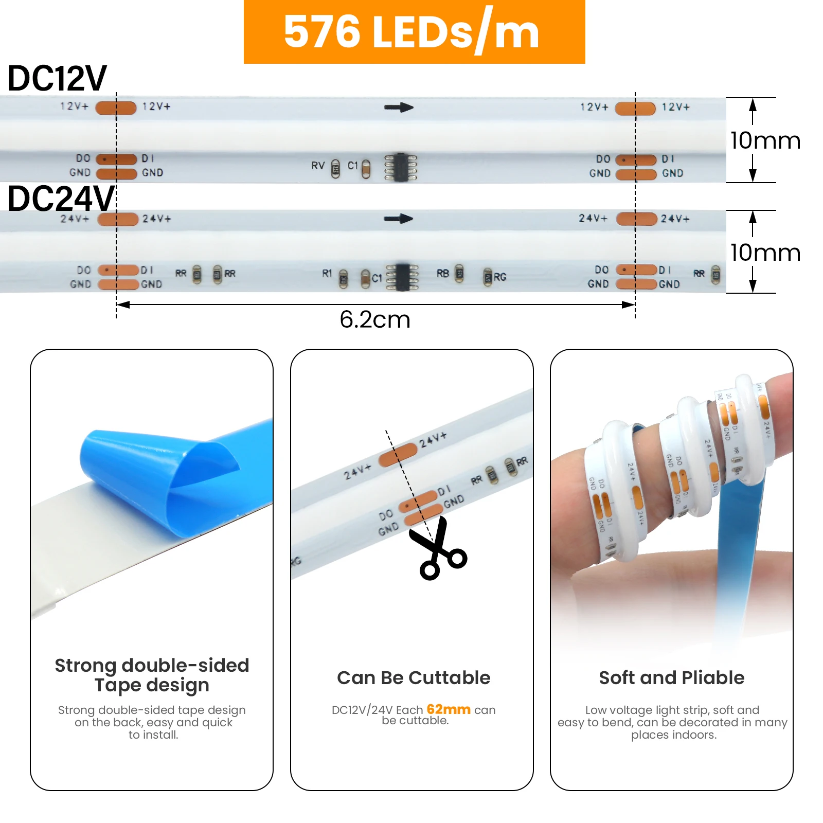 Tuya WiFi Bluetooth WS2811 Addressable 576Leds/m Dream Color COB RGB LED Light Strip 10mm 12V 24V High Density COB Led Lights