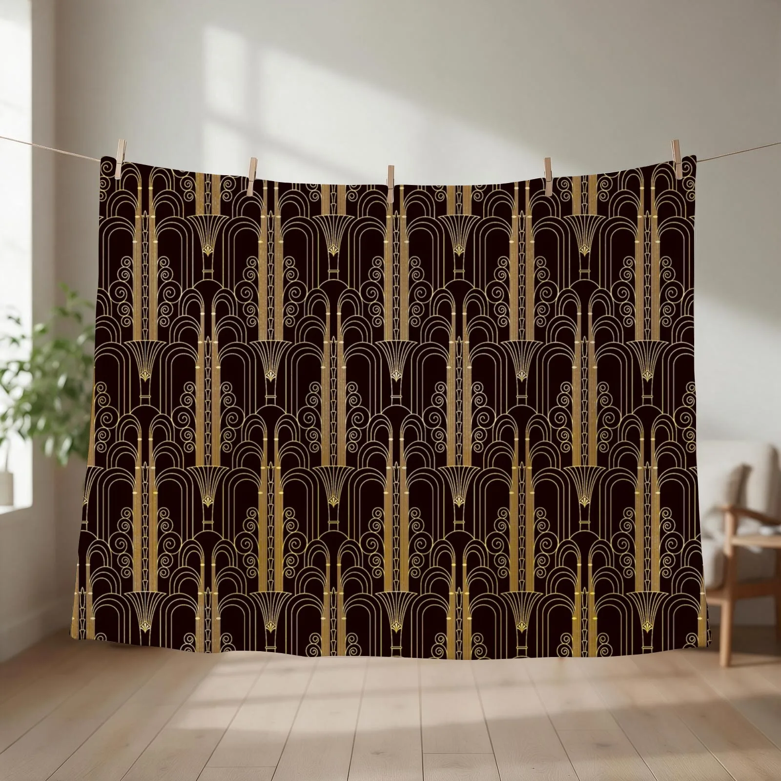 Glamorous Gold-Color Art Deco Pattern Throw Blanket Heavy warm for winter Loose Quilt Blankets